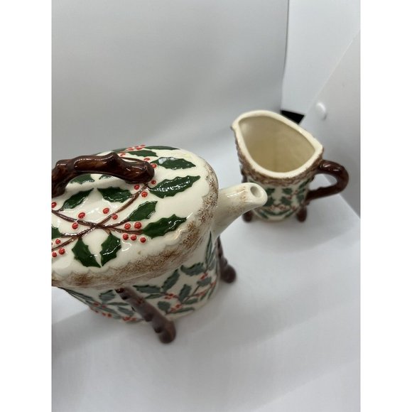 Christmas teapot Holly Lidded Teapot Creamer Sugar Bowl Set holiday Holland red - Picture 4 of 16